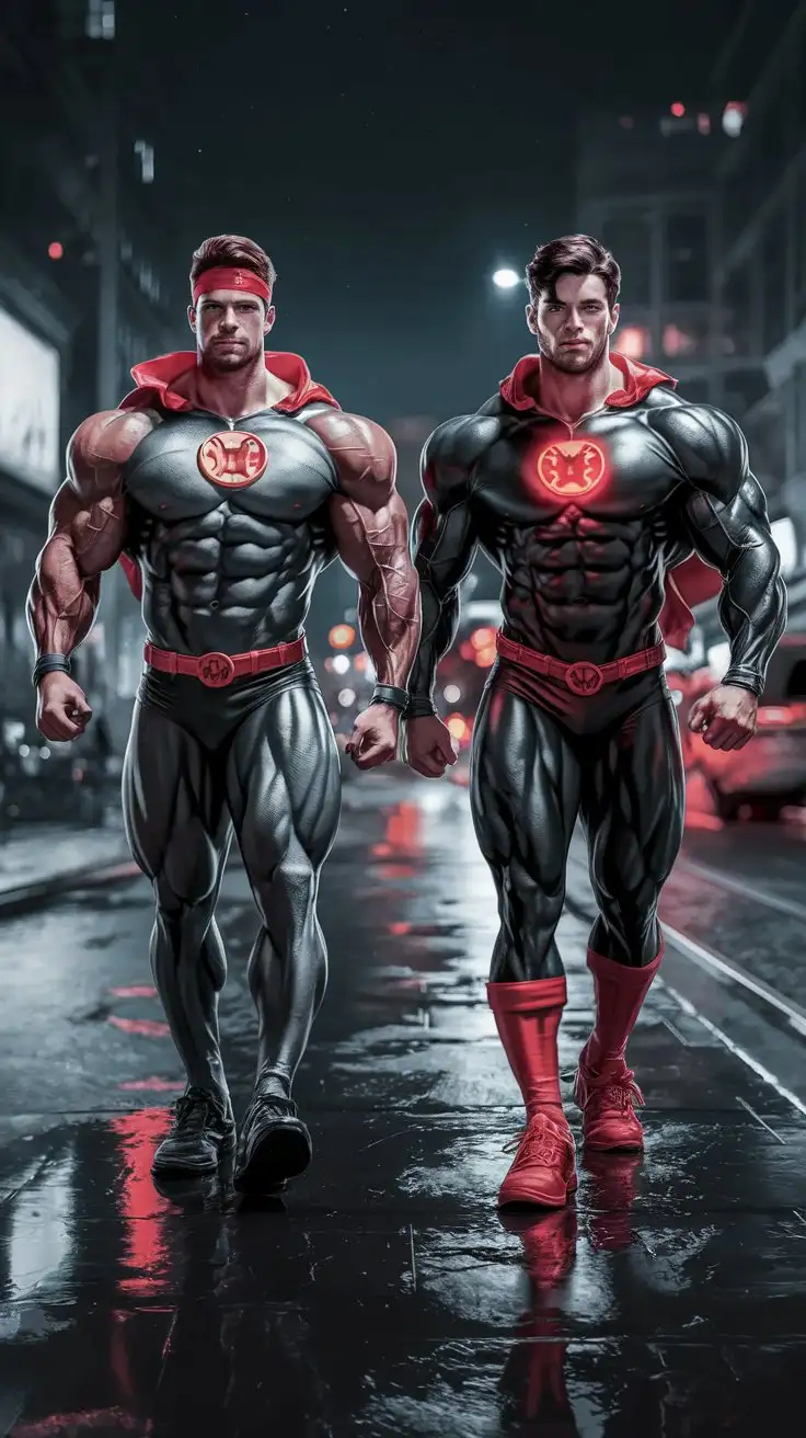 Nighttime-City-Street-with-Super-Muscular-Bodybuilder-Heroes-Walking-Together