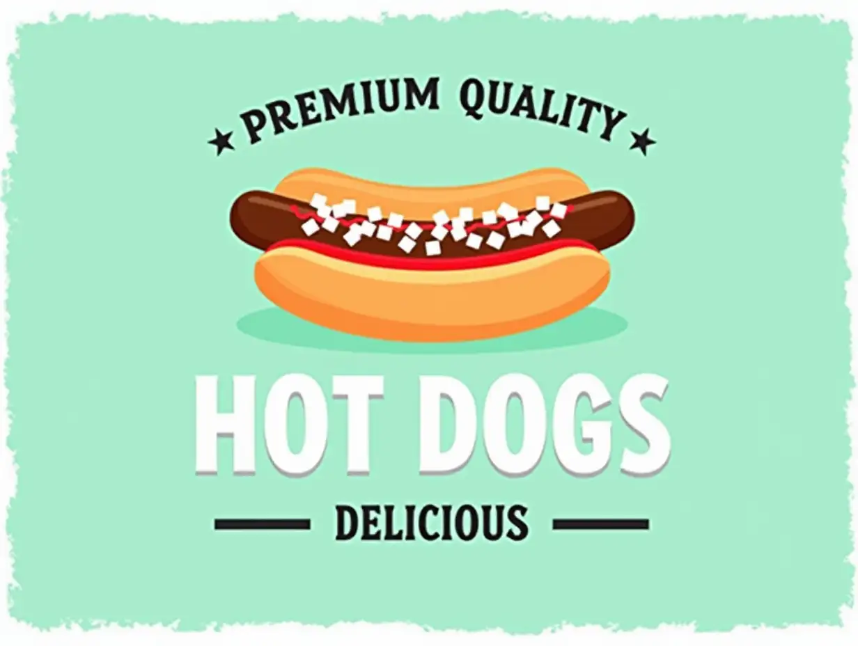 A light teal background with a distressed, worn edge effect. At the top, include a small black banner with 'PREMIUM QUALITY' in white text. In the center, feature a hot dog in a bun, with a brown sausage topped with red ketchup and a generous amount of diced white onions. Below the hot dog, add bold white text with a black outline that reads 'HOT DOGS' in a slightly arched style. At the bottom, include smaller white text with a black outline saying 'DELICIOUS,' flanked by two small black lines on each side. Use a bold, sans-serif font and maintain a playful, classic diner aesthetic with realistic food colors.
