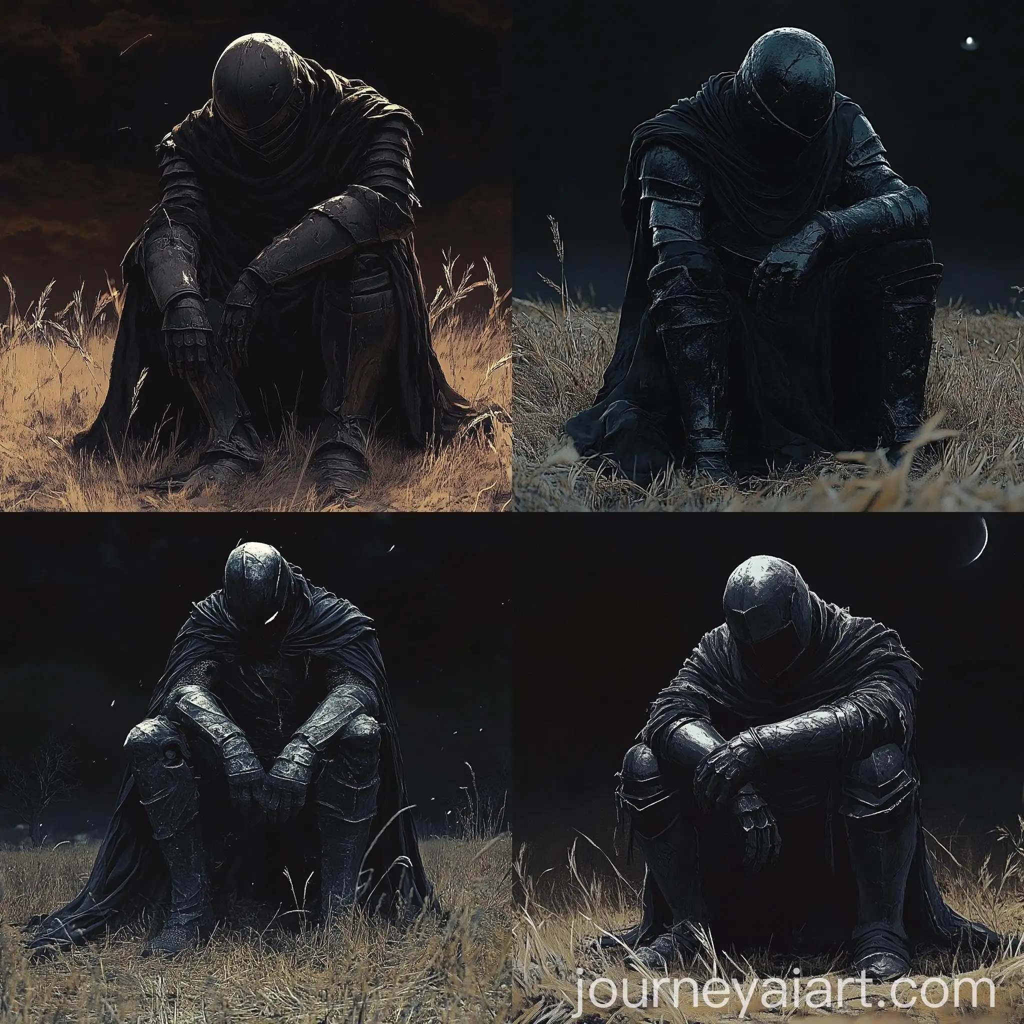 Defeated-Dark-Knight-in-Reflective-Pose-on-Dry-Grass-Fields