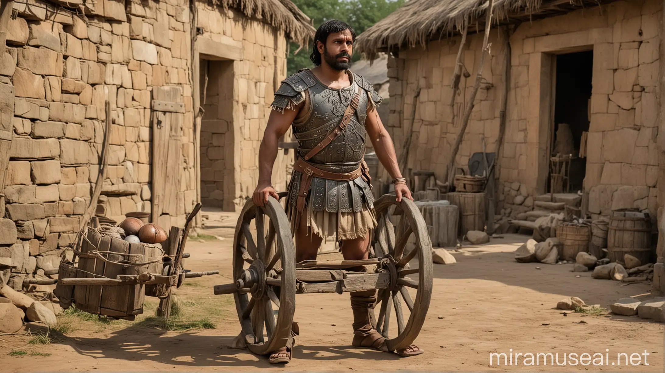 Indian Warrior in Ancient Village with Makeshift Cart