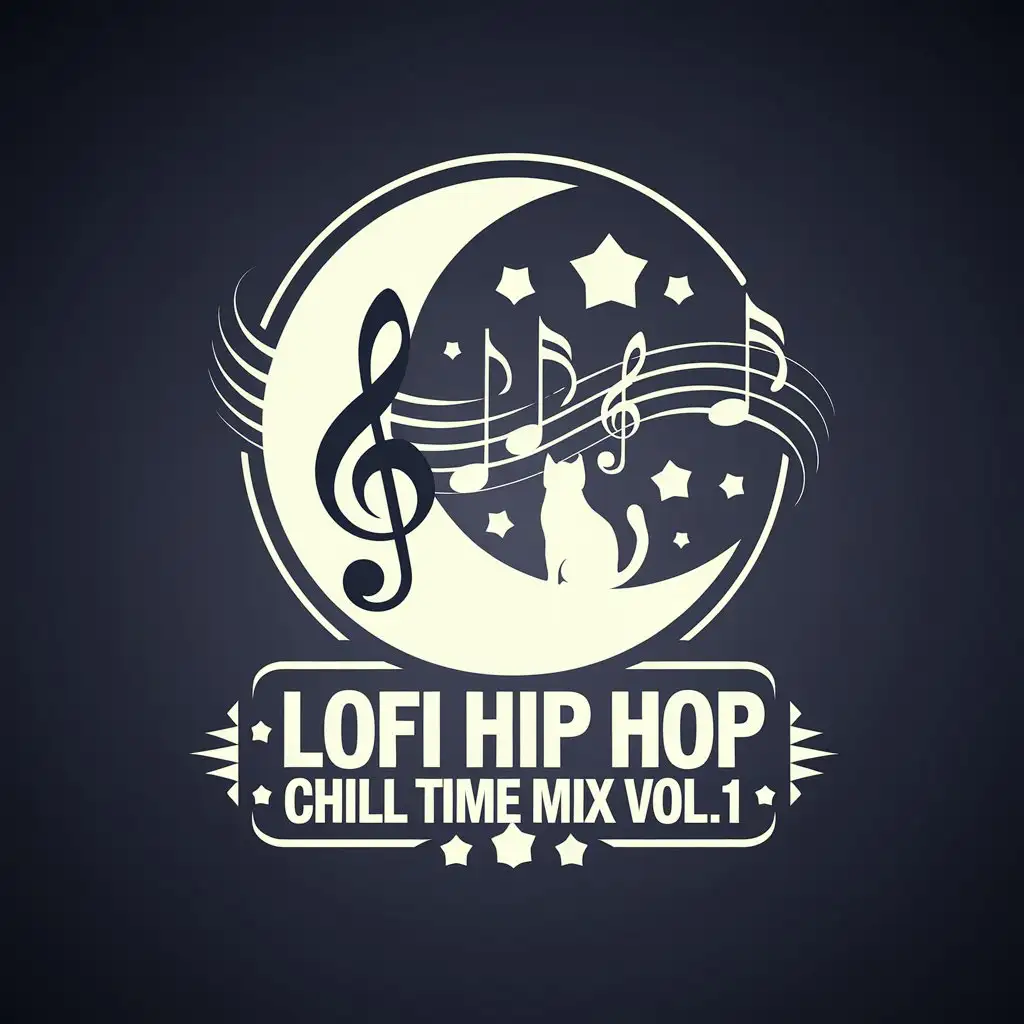 LOGO Design for Lofi Hip Hop Chill Time Mix Vol1 Moon Cat Stars and Musical Notes with Monochrome Navy Blue White Theme