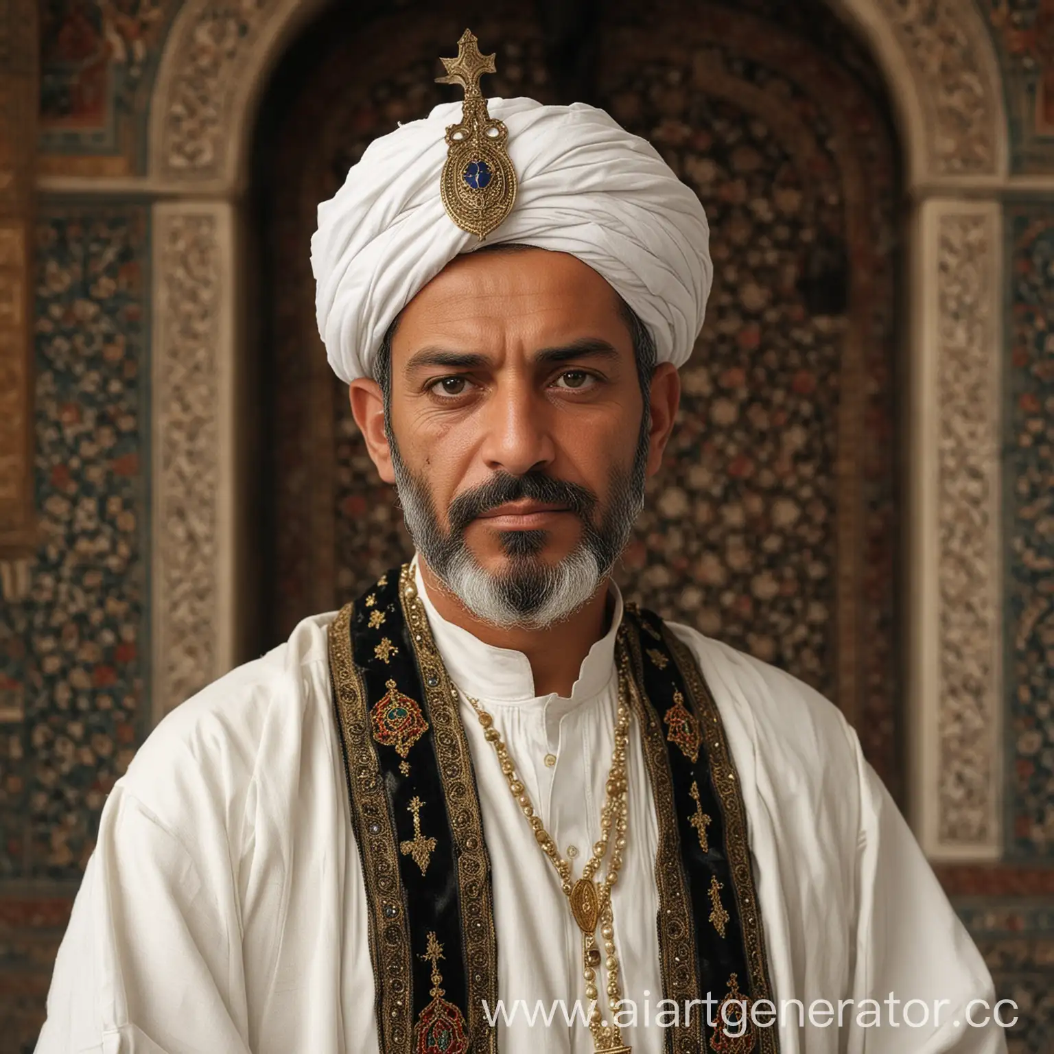 Age and appearance: A man aged about 50 years old, with a serious and stern expression on his face. The skin is tanned, the facial features are sharp and severe. Facial expression: The eyes are full of determination and rigidity, the facial expression inspires fear and respect. Clothing: Traditional Islamic clothing. He may be dressed in a long white robe (thob) with a black or dark brown cloak (aba), symbolizing his high position. Perhaps gold patches or embroidery will be visible on the shoulders, indicating his rank. Accessories: A turban or a kufiya (traditional Arabic headdress) can be placed on the head, which is neatly laid. Medals and decorations are visible on his chest, emphasizing his power and status. Hands: In one hand, he can hold the Koran, symbolizing his role as a mediator of Sharia, and in the other – a sword or dagger, symbolizing his willingness to defend and impose his laws by force. Setting: The background may include a majestic mosque or a palace with Islamic architecture, luxurious carpets and traditional ornaments. Symbols of power, such as flags or emblems of his regime, may also be visible. The image in detail:  Face: The face is stern and unshakeable, with deep wrinkles showing years of experience and trials. The beard is thick and neatly trimmed. Eyes: Penetrating, dark eyes that seem to penetrate the soul. They express both rigidity and confidence in their mission. Clothing: A long white coat made of expensive fabric, over it a heavy cloak with gold threads. There may be a sling for weapons on the belt. Accessories: A rosary around the neck, possibly made of amber or other precious material. A ring with a large stone on one of the fingers. Background: A luxurious hall with arches and mosaics symbolizing Islamic culture and heritage. Flags or symbols of his movement may be visible in the background.