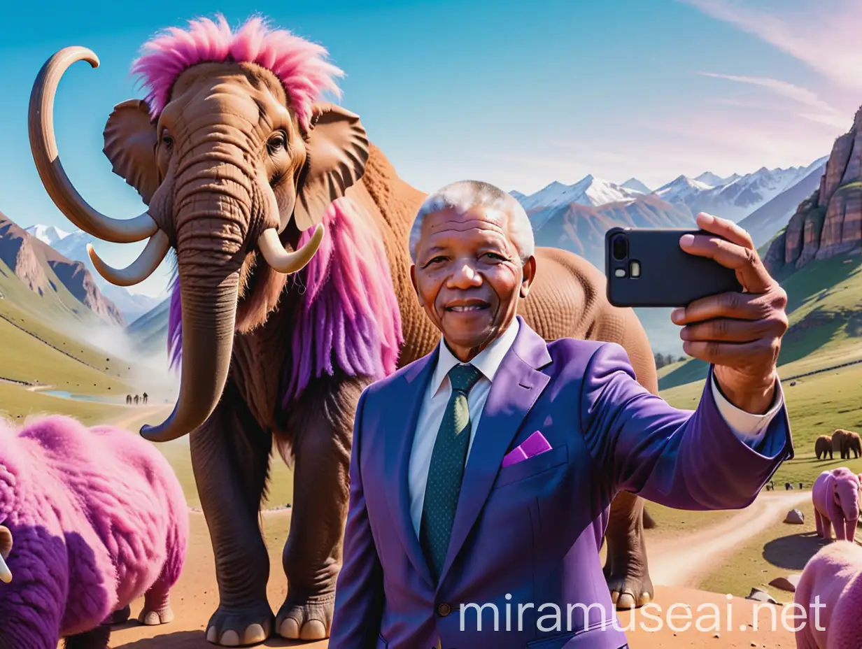 Nelson Mandela Taking a Selfie with a Woolly Mammoth in a Prehistoric Landscape