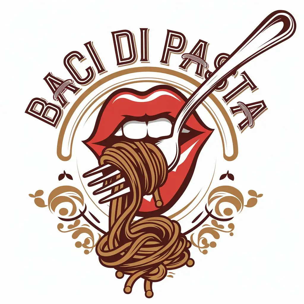 LOGO Design for Baci Di Pasta A Mouth Kissing a Fork Full of Pasta in a Vector Style