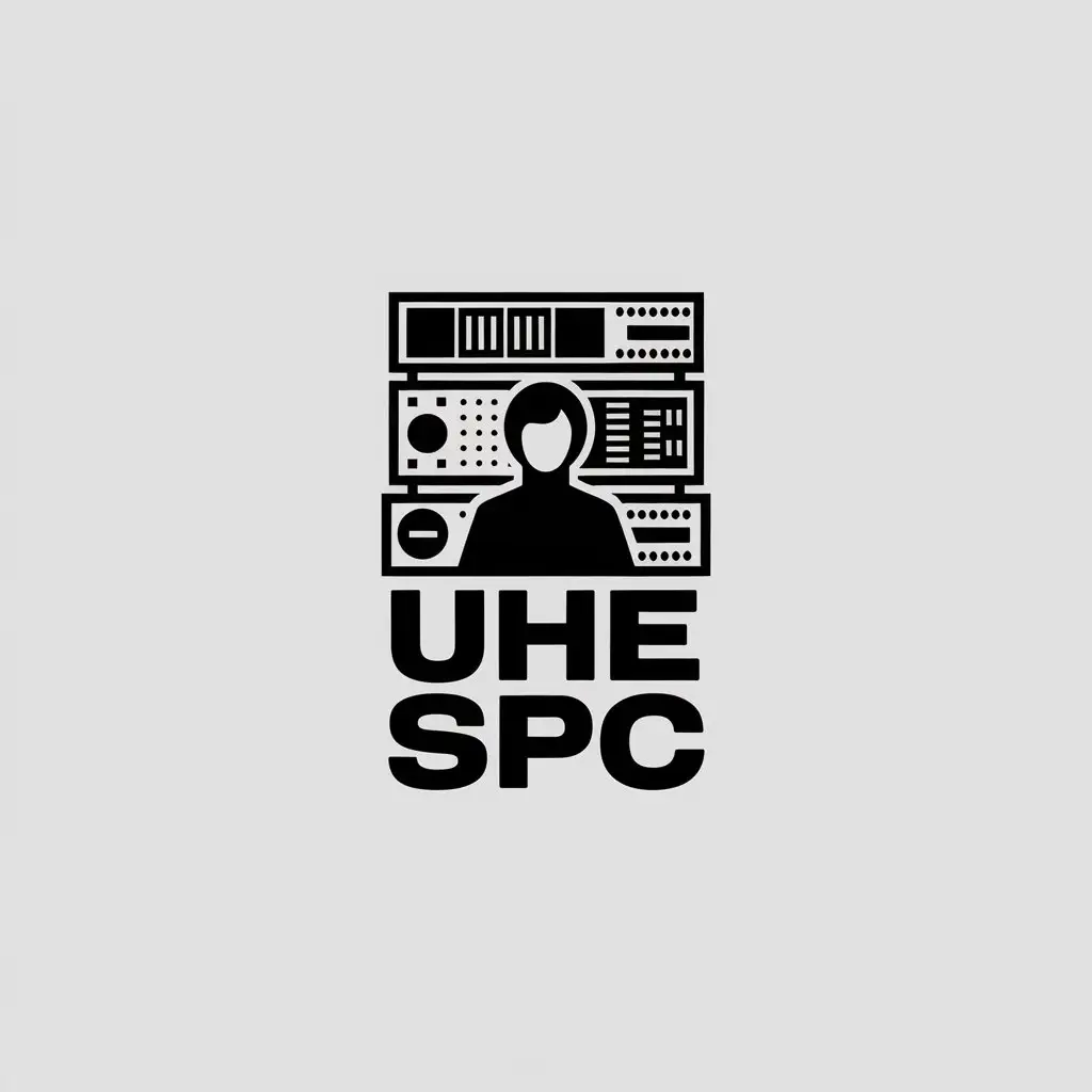 LOGO Design for U H E S P C Minimalistic Vector with Man and Homemade Electronic Instruments