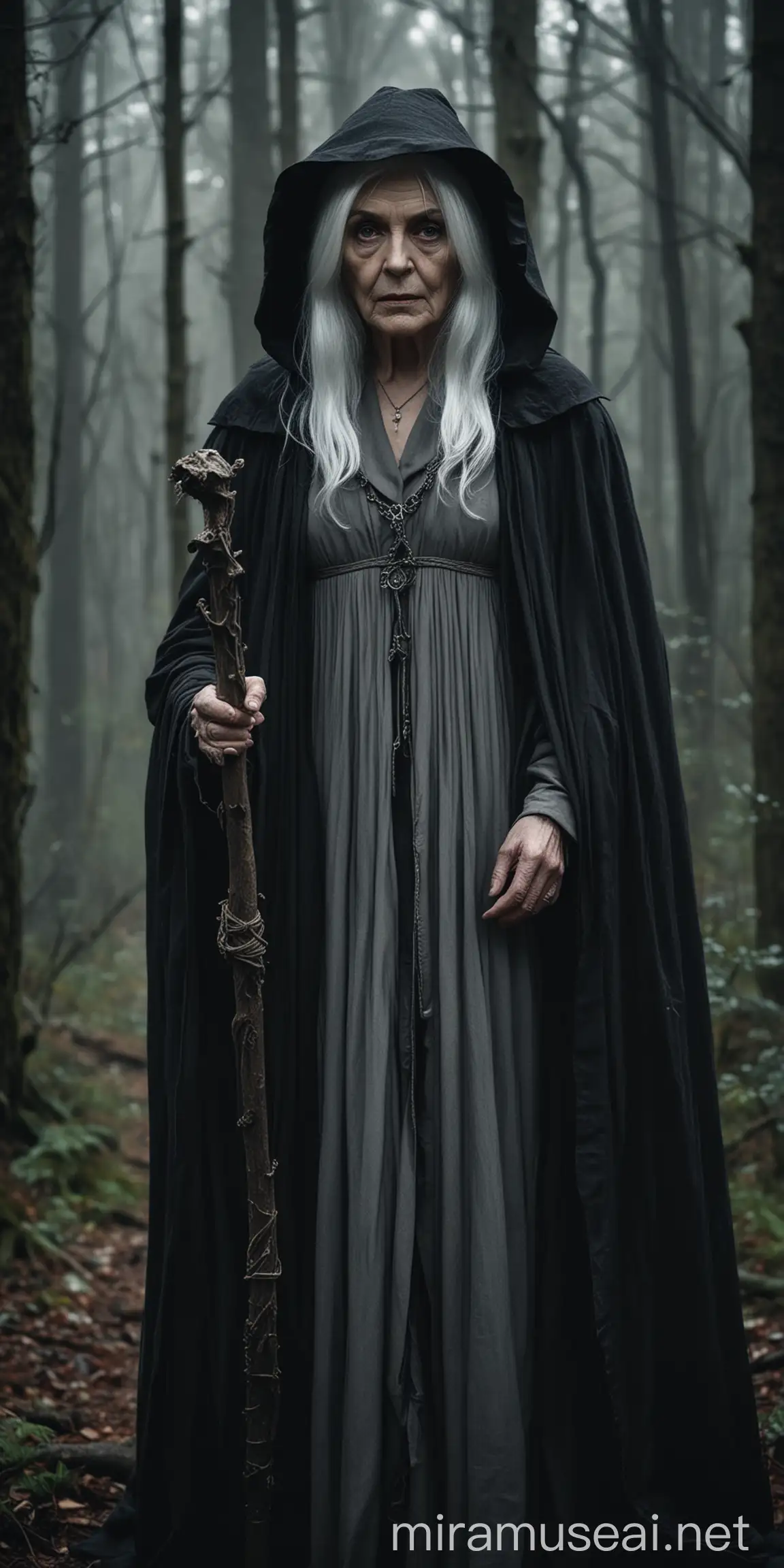 Sinister Old Woman with White Hair and Staff in Dark Forest