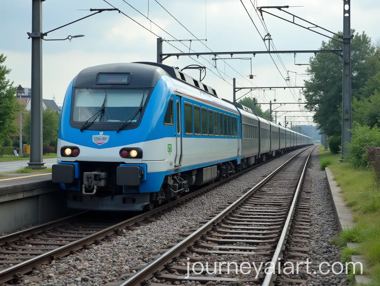 Side-View-of-a-Blue-and-White-Train-Riding-to-the-Right