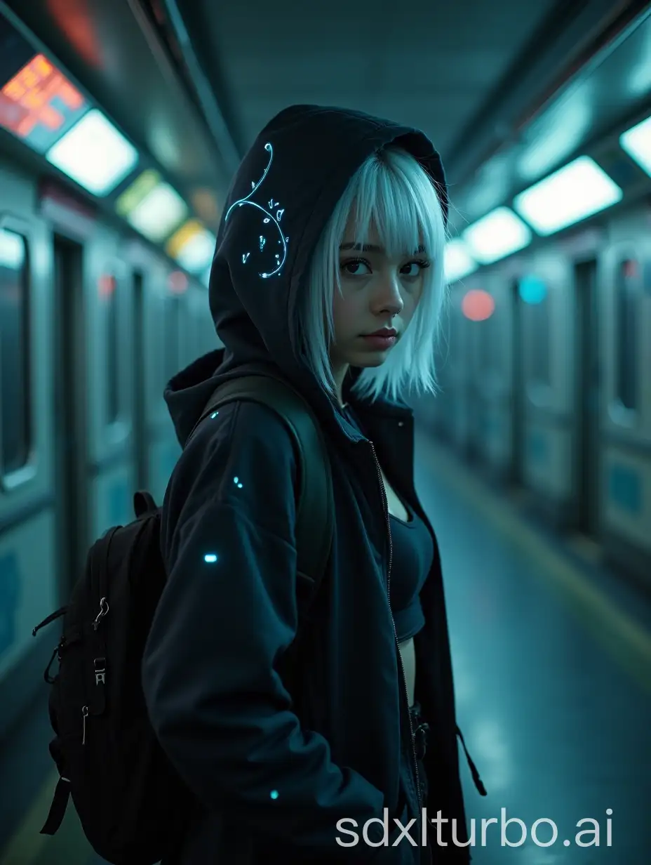 A medium shot captures a teenage girl hacker with boyish features and white hair. She wears a hooded jacket adorned with bioluminescent details over a crop top, with a backpack slung casually over one shoulder. In the dimly lit, dystopian cyberpunk subway station, her eyes dart around as though she is waiting for someone.