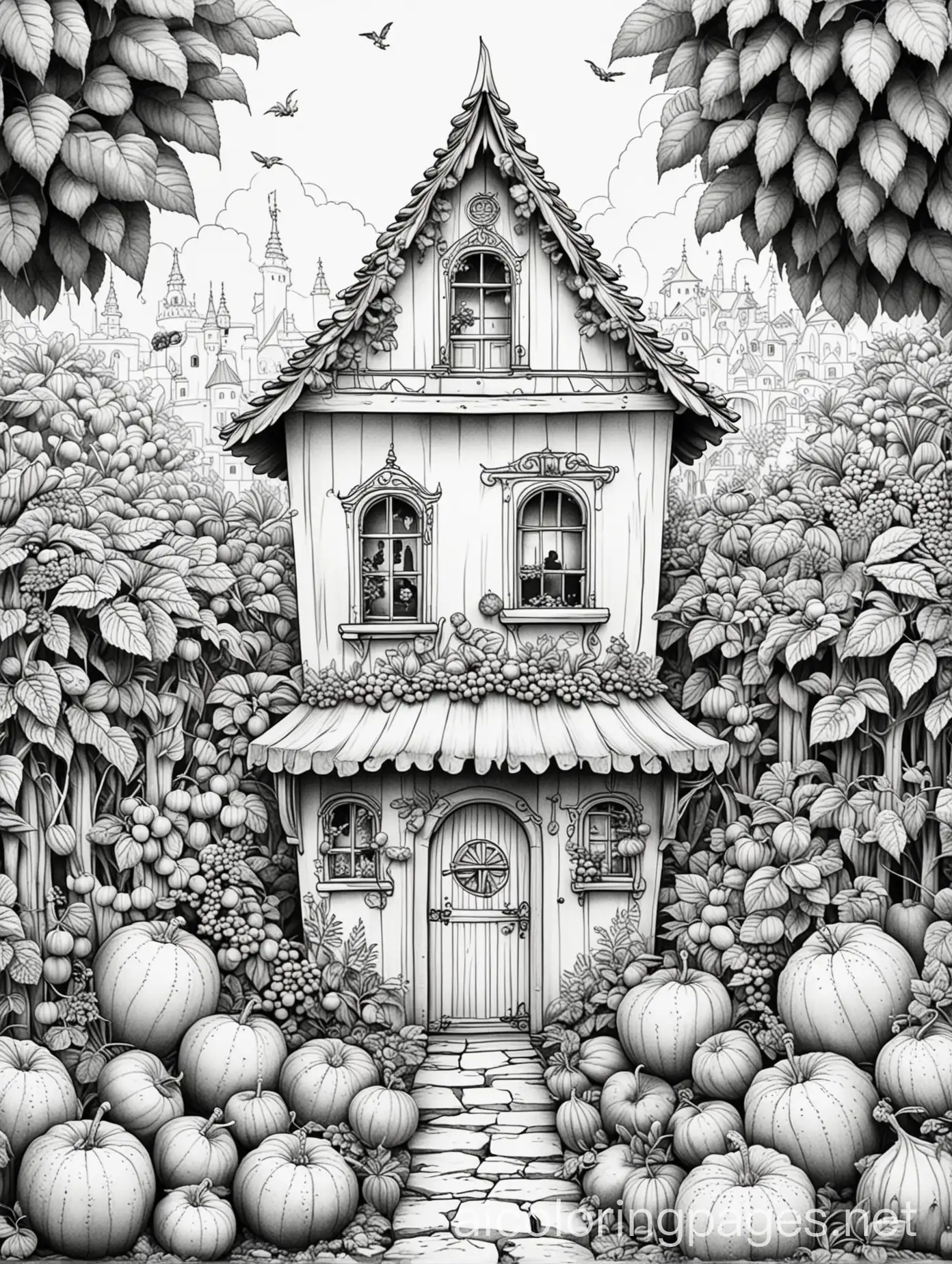 Fantasy-Small-House-Surrounded-by-Big-Fruits-Coloring-Page