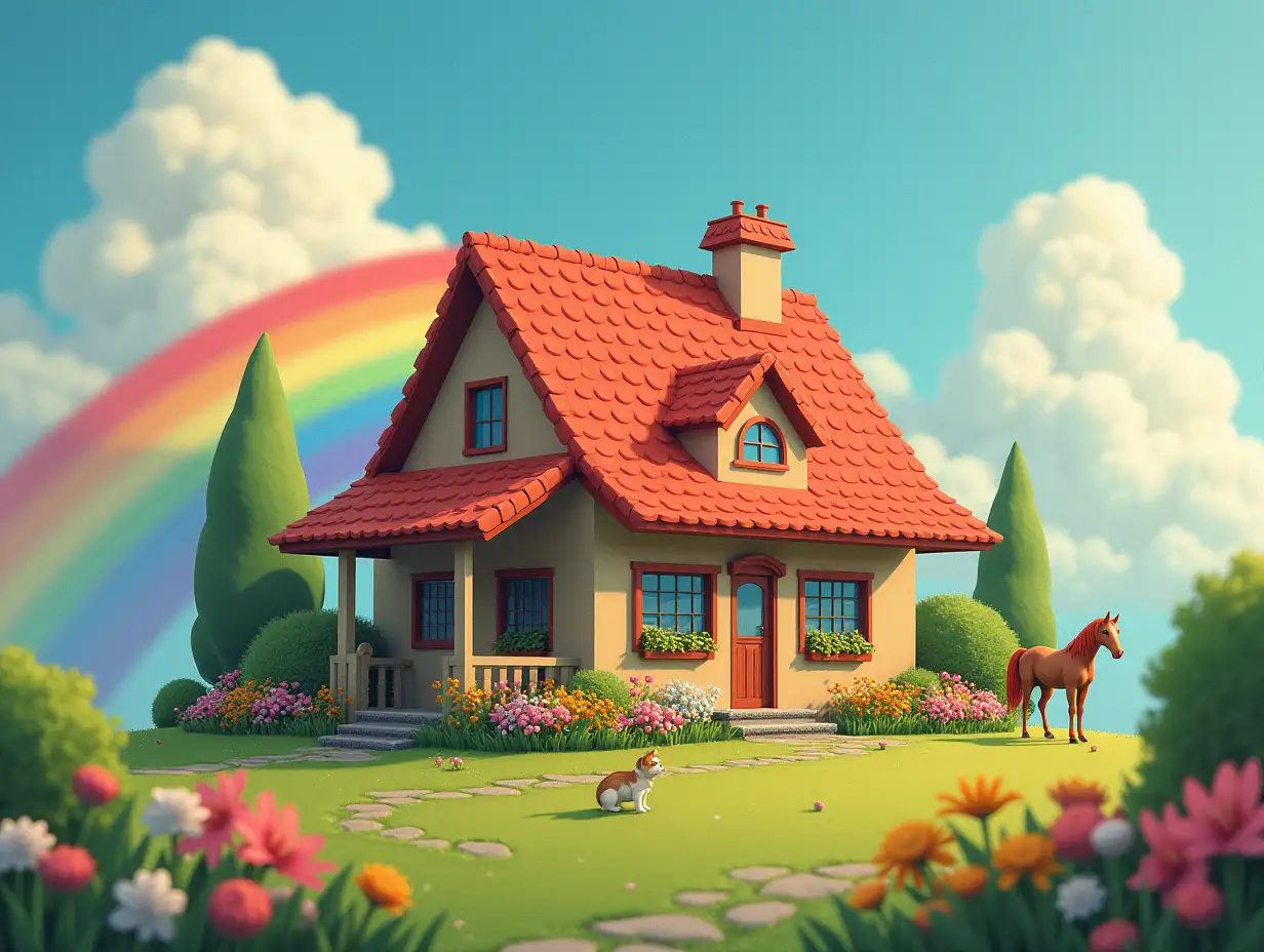 House with big garden,colorful horses,clouds,rainbow,dog,cat 70mm portrait