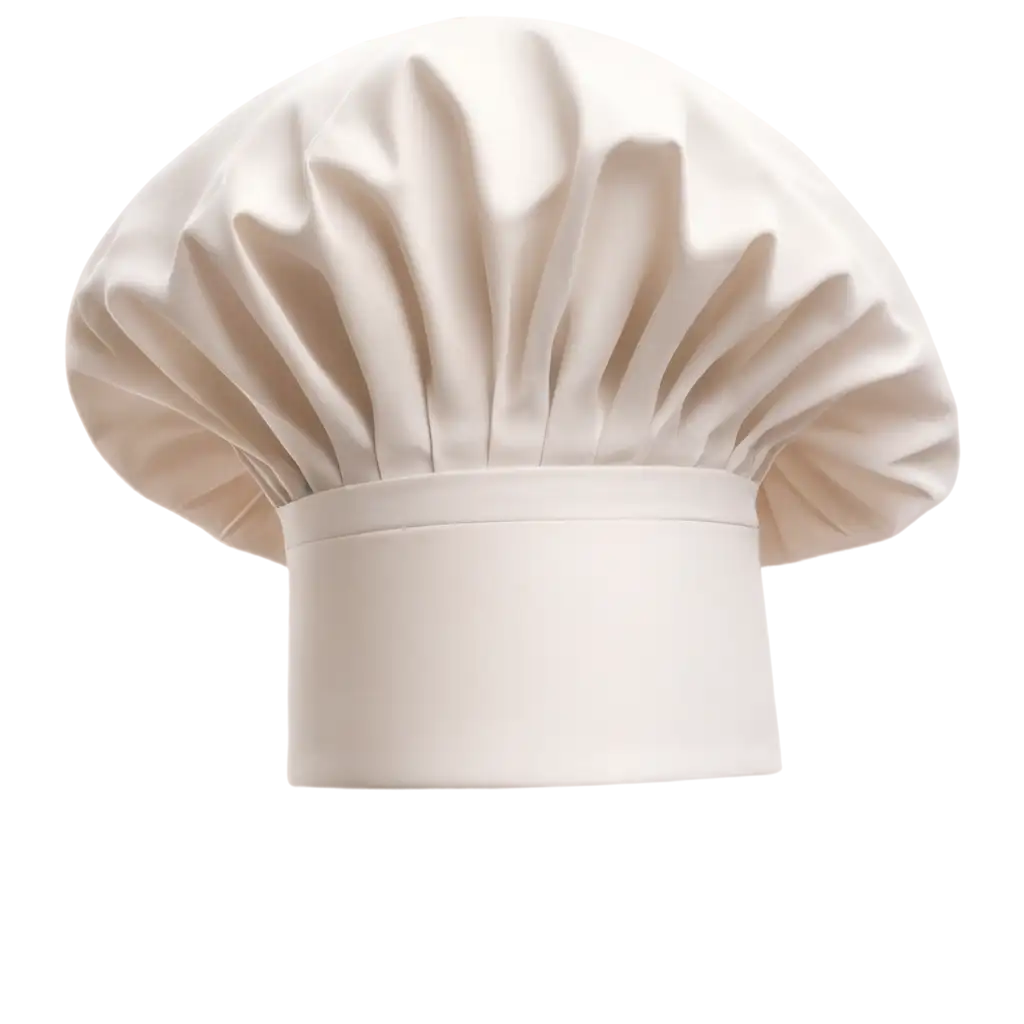 a classic white chef’s hat (toque blanche), tall and pleated, with soft fabric texture and subtle stitching detail. The hat has natural folds and puffed volume at the top, narrowing slightly at the base with a gentle elastic or banded rim. Lighting is soft and even, creating realistic shadows and highlights on the fabric. Transparent background, centered, clean silhouette, photorealistic quality, high-resolution