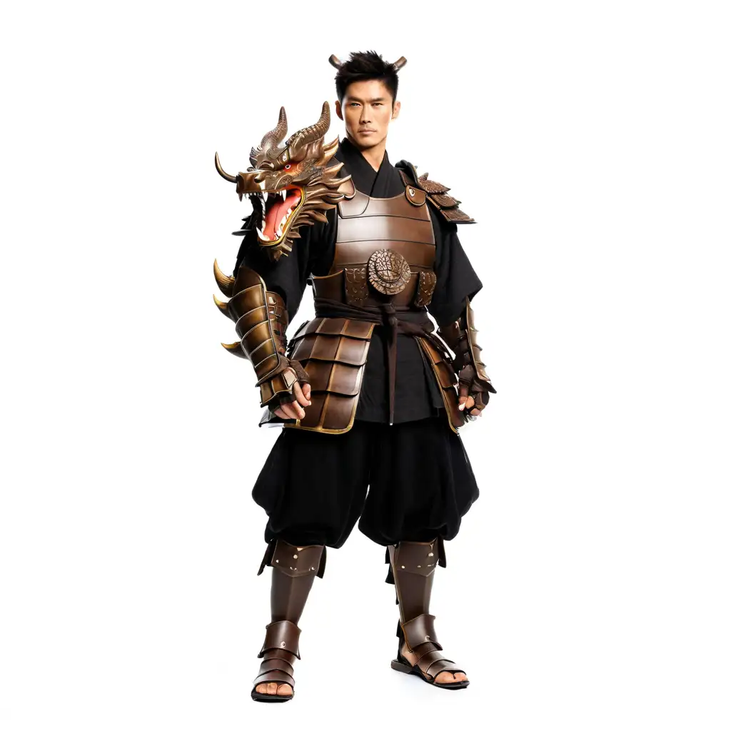 Buff Japanese Man Wearing Brown Samurai Armor Gauntlet with Giant Dragon Head on White Background