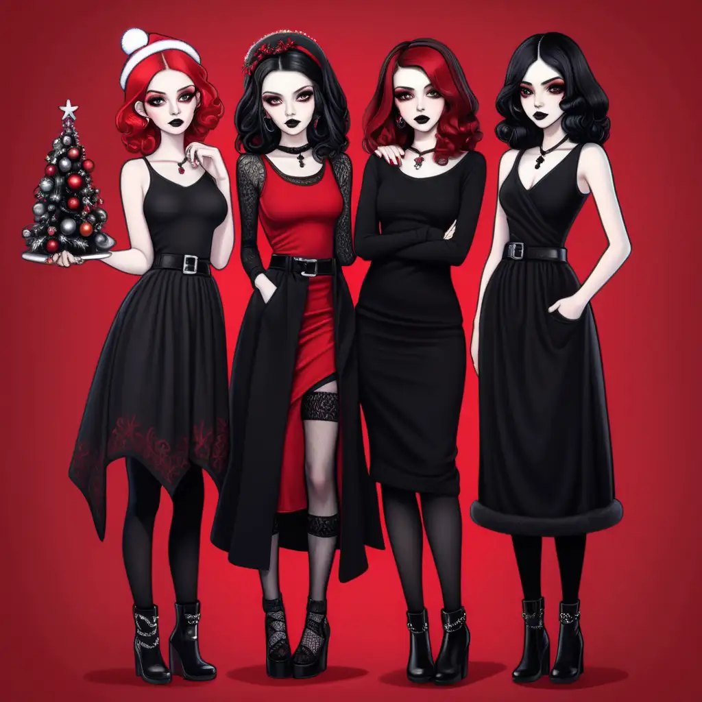 Three Beautiful Women in Goth Christmas Casual Attire