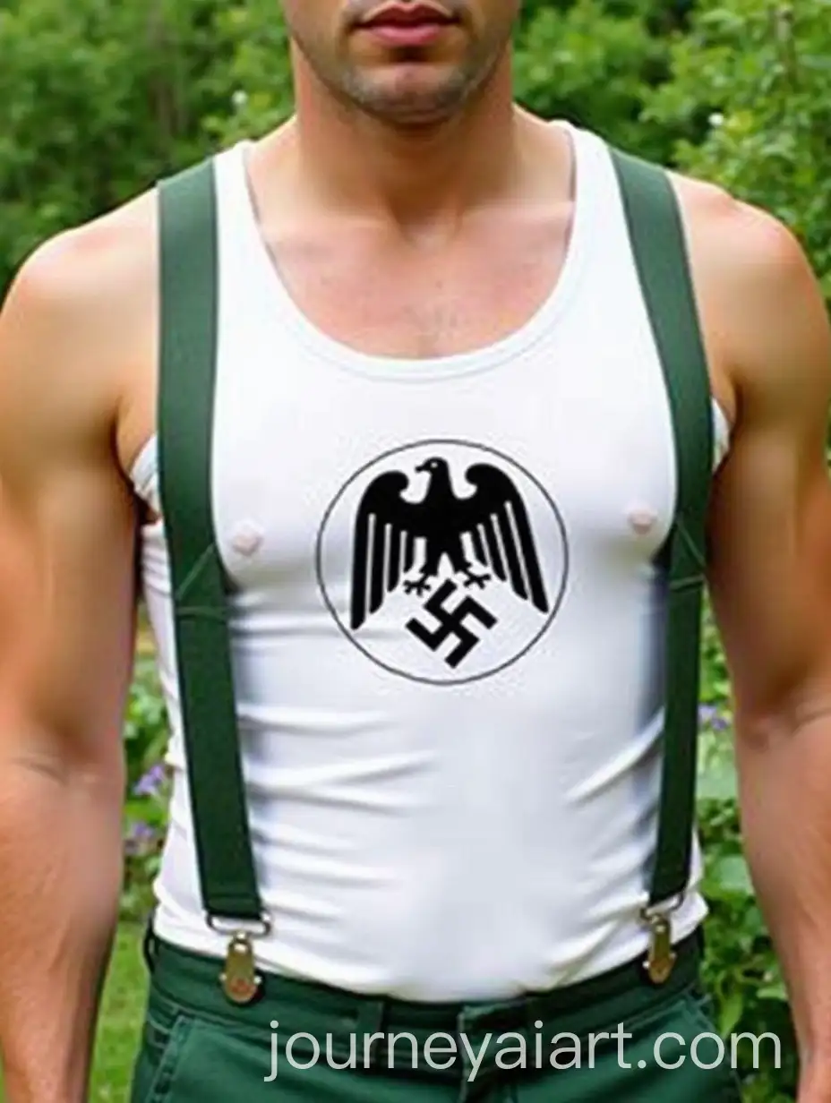 Person-Wearing-White-Tank-Top-with-Black-Eagle-Emblem-and-Green-Suspenders-in-Outdoor-Setting
