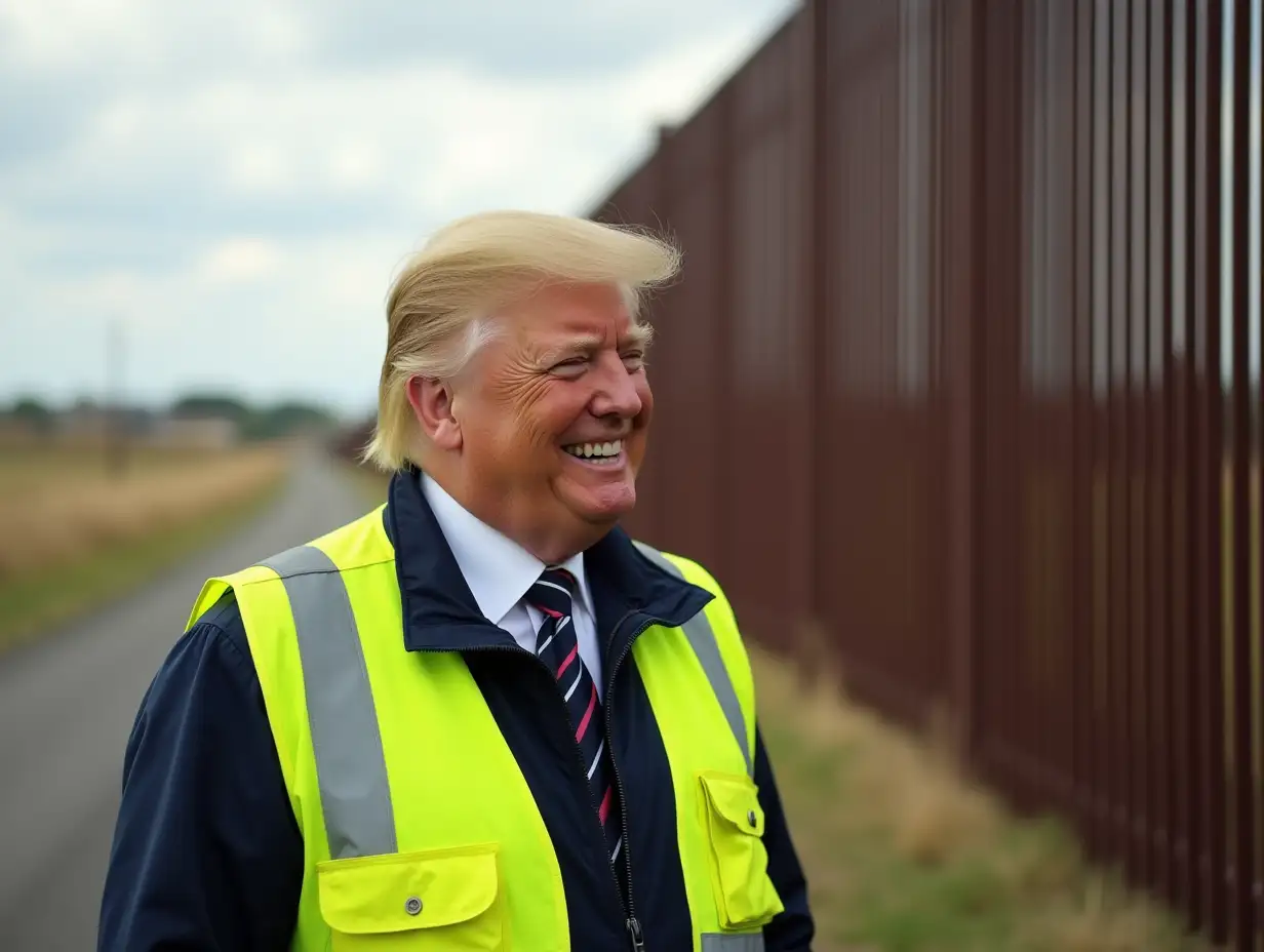 Donald Trump, smiling, wearing high viz vest and standing next to border wall