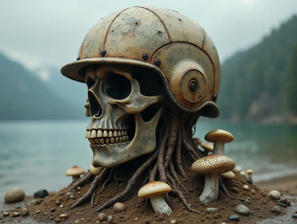 Head with helmet, stones, mushrooms, roots, bones turned into building by the lake