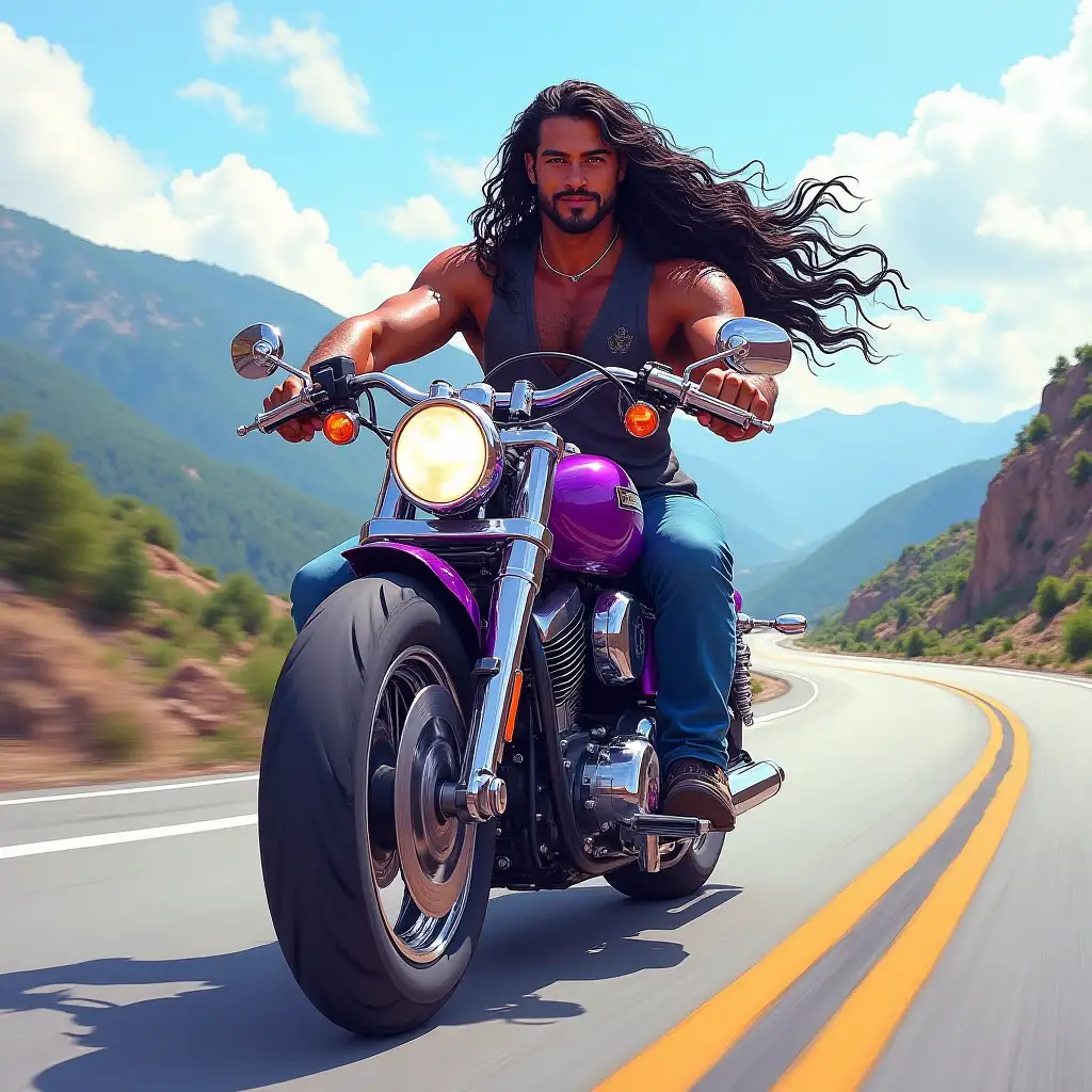 Draw a beautiful man with long wavy hair who looks just like Jason Momoa driving down a mountain road in a purple motorcycle.