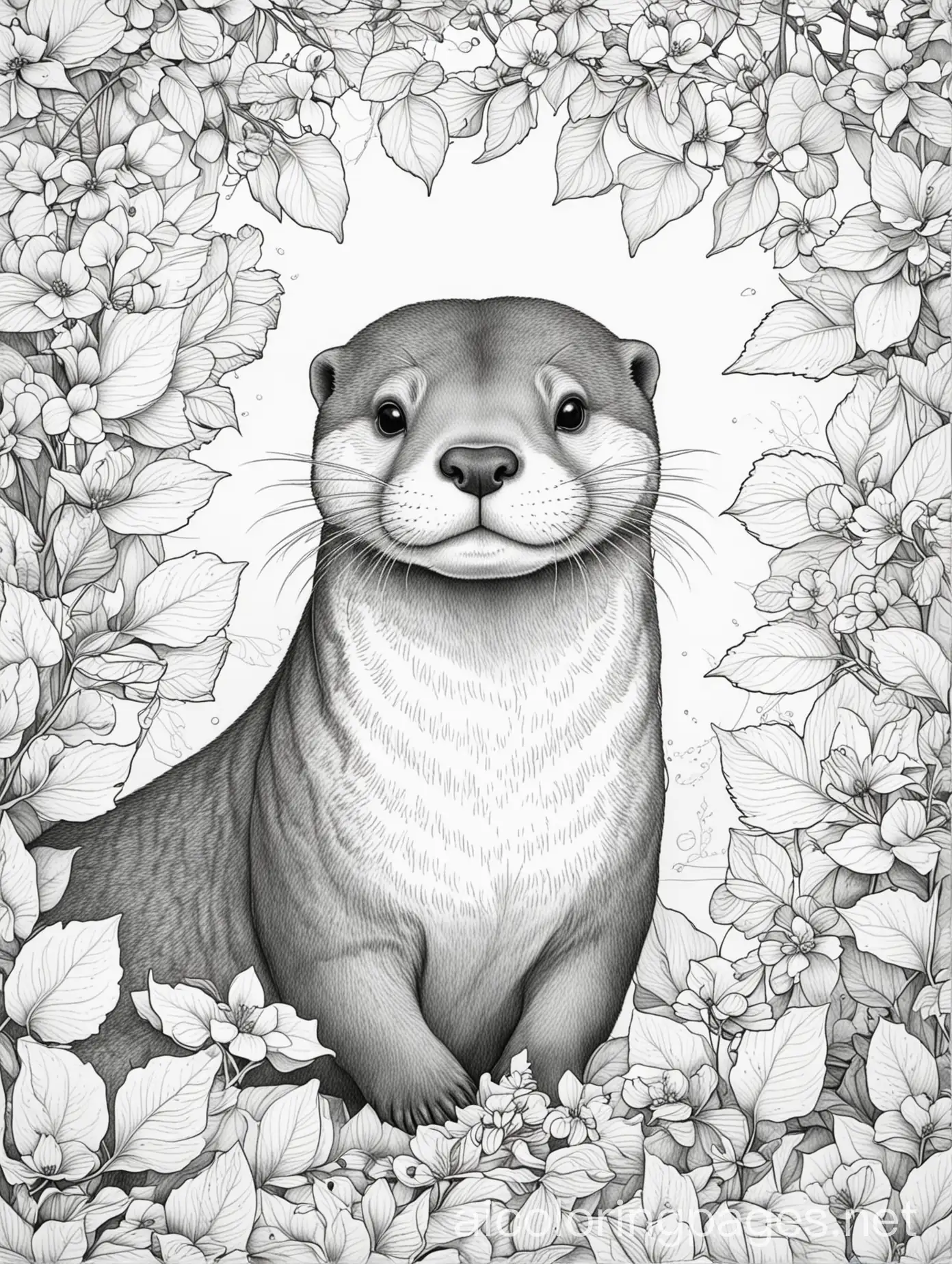 Otter-Surrounded-by-Dogwood-Leaves-Coloring-Page