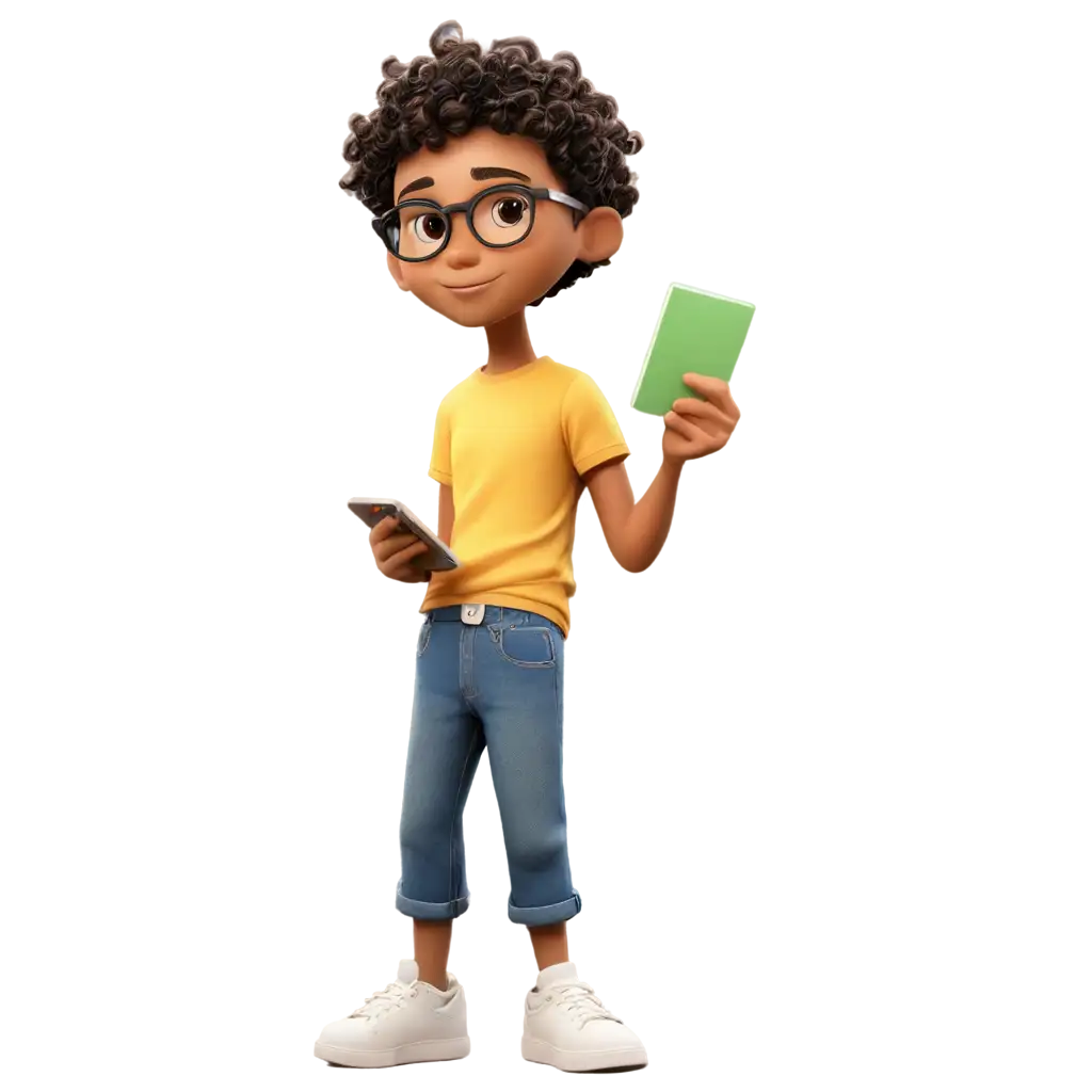 Cartoon-Style-Boy-with-Short-Curly-Hair-PNG-Image-Young-Character-in-Jeans-Yellow-TShirt-Black-Glasses-and-Sneakers-Holding-Work-Card