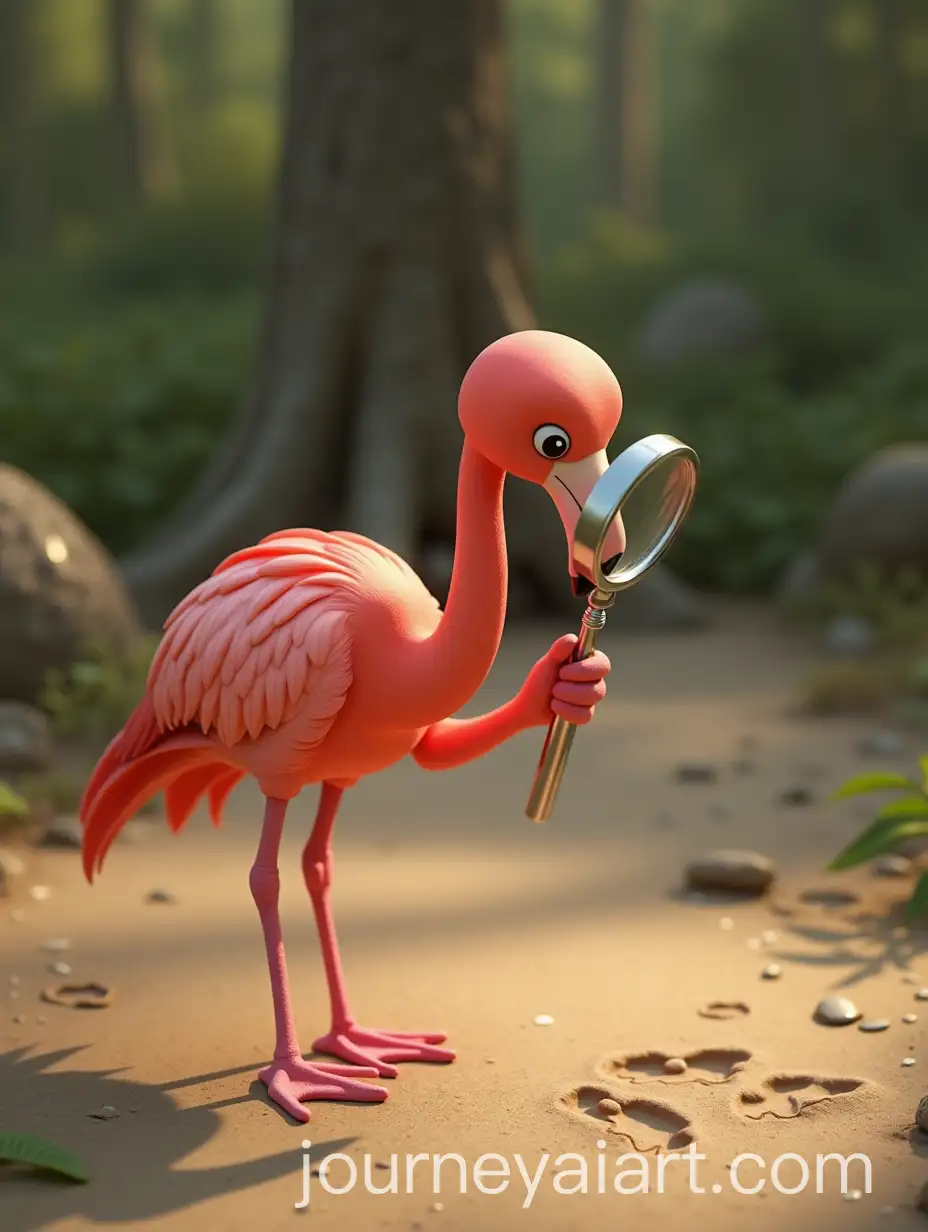 3D-Flamingo-Examining-Bird-Footprints-with-Silver-Magnifying-Glass-in-a-Woodland-Park