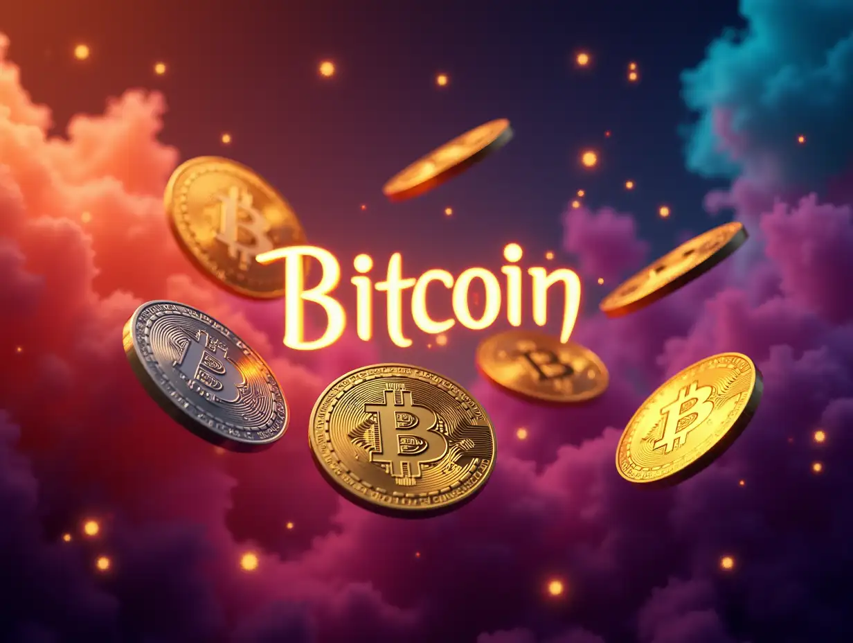 An artistic composition featuring a vibrant, colorful, and bright background with gold and platinum Bitcoins floating gracefully. In the center, ,  The Bitcoins have a polished, reflective finish, catching light beautifully, and the text emits a radiant glow, complementing the luxurious theme. The overall image is vivid, eye-catching, and dynamic, with sharp details and a polished, ultra-high-definition finish. Highly detailed, highly sharp, clear, clean line, artistic, eye-catching, very attractive, 128k uhd