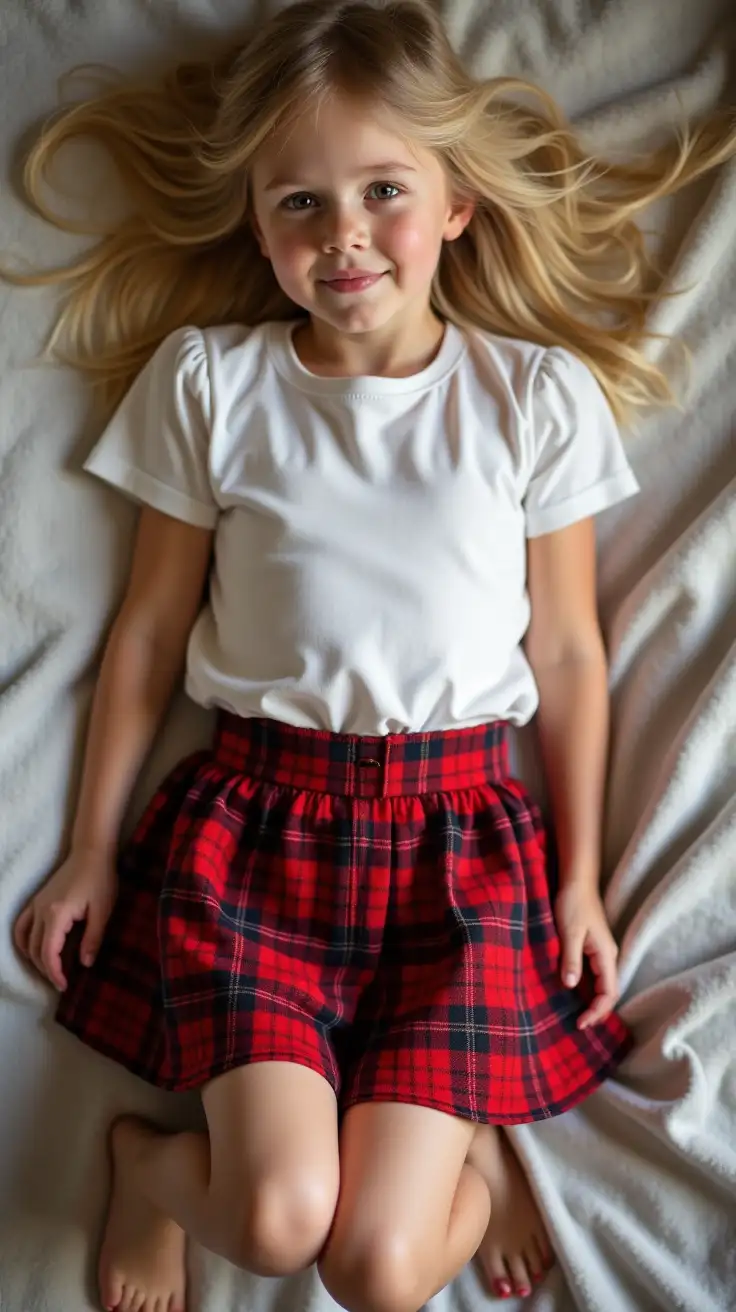 Cherubic-NineYearOld-in-White-Blouse-and-Red-Skirt-Relaxing-on-a-Blanket