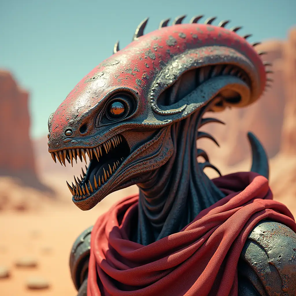 Hyperrealistic portrait of a gpanzerter metal alien king with sharp teeth in the intricately detailed, colorful desert planet background