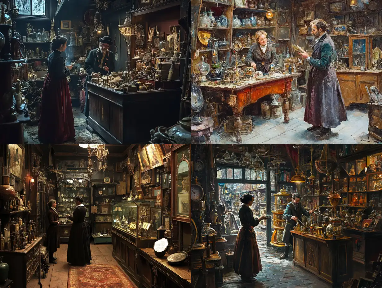 Shopkeeper-Showing-Unusual-Objects-to-Customer-in-Dickens-Curiosity-Shop