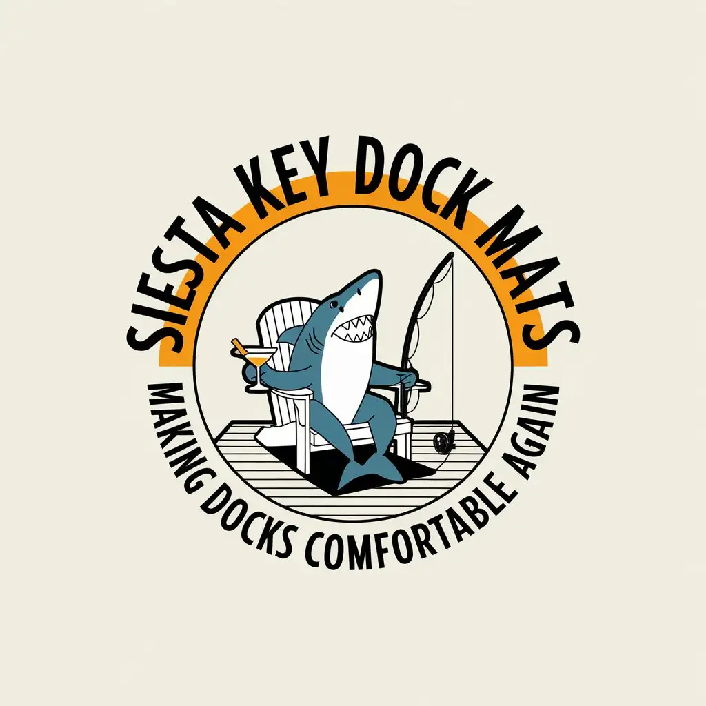 LOGO Design for Siesta Key Dock Mats Shark in Adirondack Chair with Fishing Rod and AntiFatigue Mat in YellowOrange Theme