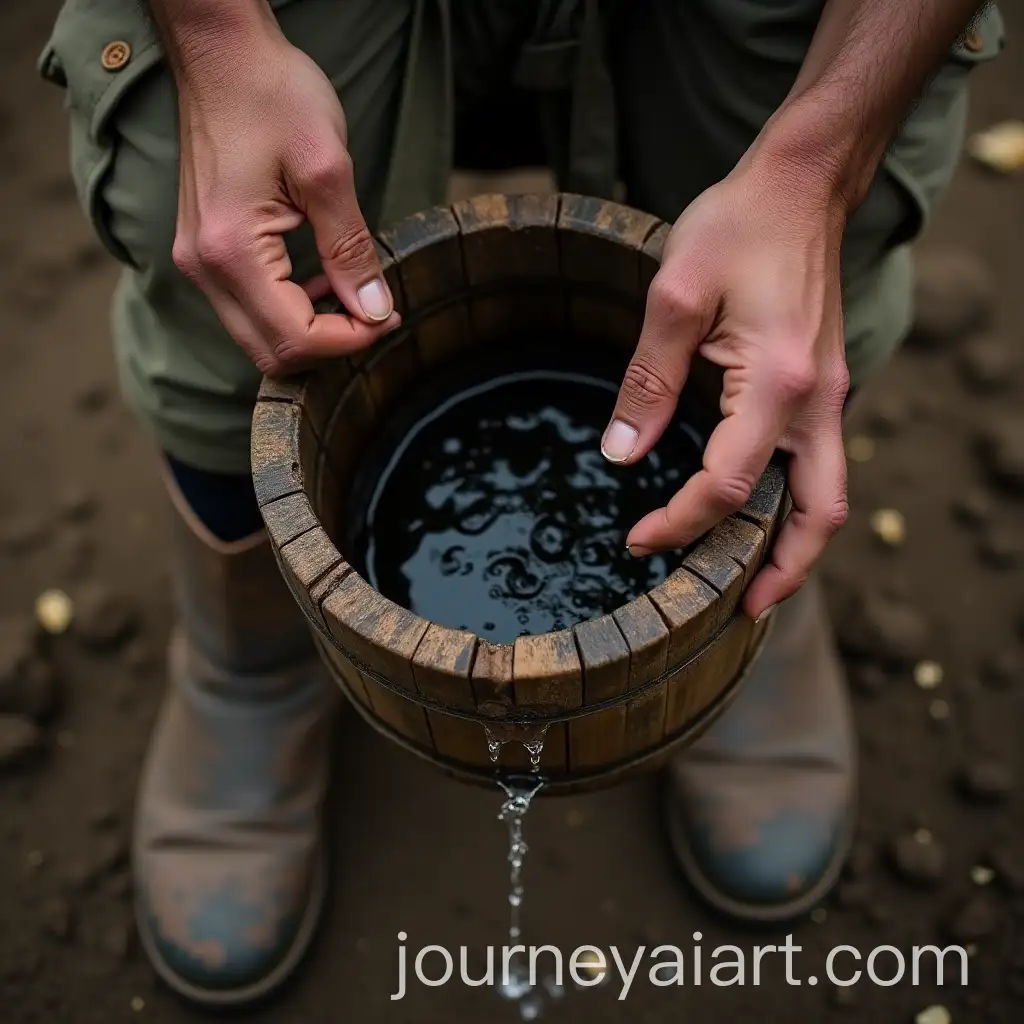Person-Gripping-Wooden-Bucket-at-Well-Harvesting-Water