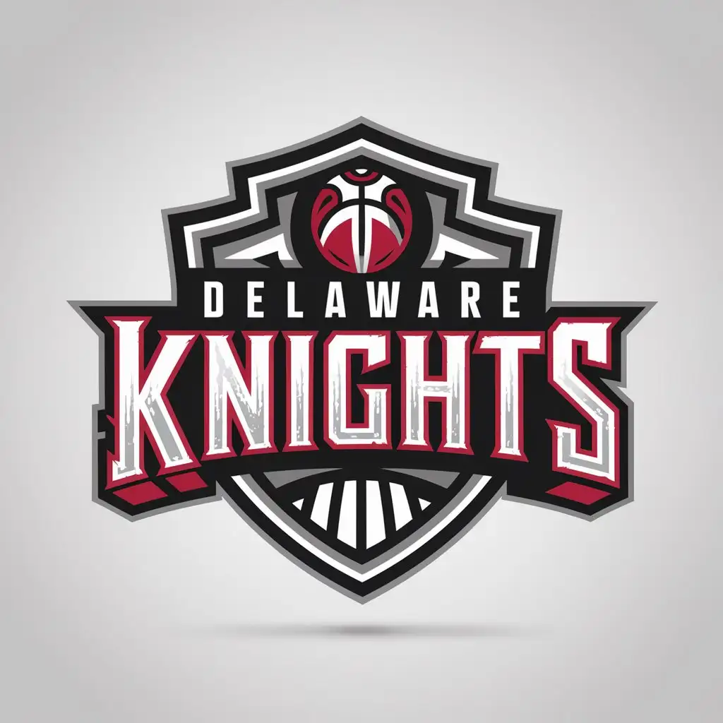 LOGO Design for Delaware Knights 3D Medieval Font with Shield Basketball Red White Black Colors for Sports Fitness