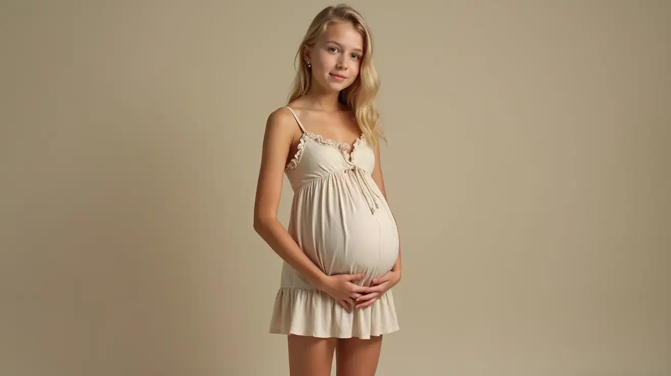 Blonde-Girl-in-Sundress-with-Pregnant-Belly