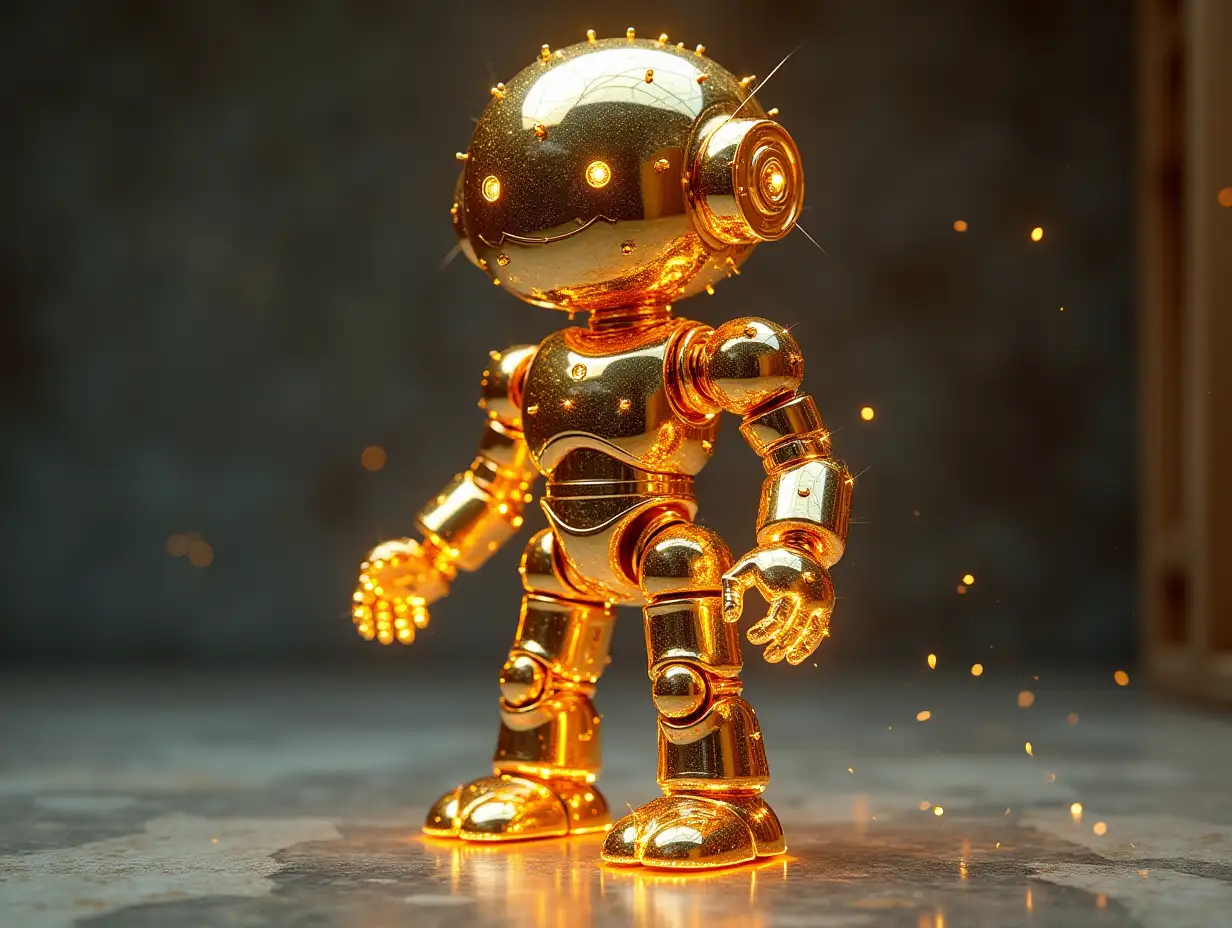 Create a high-resolution, realistic image of an artificial intelligence Fractal colored GoldFractal humanoid robot, on the photo studio floor at 4-k resolution.