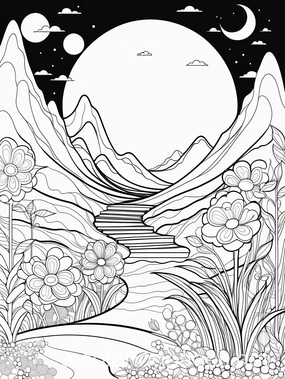 A surreal landscape where flowers grow in impossible shapes and sizes, creating a dreamlike, otherworldly atmosphere., Coloring Page, black and white, line art, white background, Simplicity, Ample White Space. The background of the coloring page is plain white to make it easy for young children to color within the lines. The outlines of all the subjects are easy to distinguish, making it simple for kids to color without too much difficulty