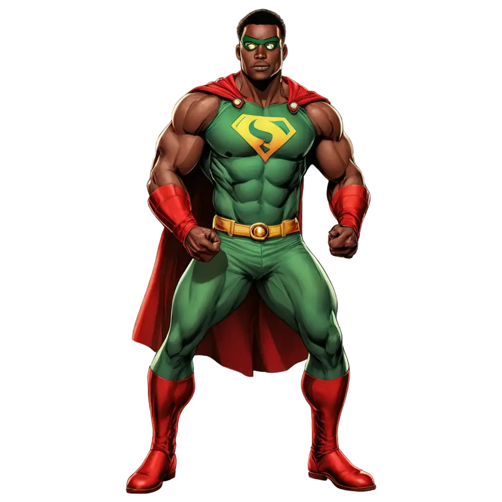 African-Male-Superhero-with-Huge-Muscles-in-Red-and-Green-Uniform-Full-Body-PNG-Comic-Book-Style