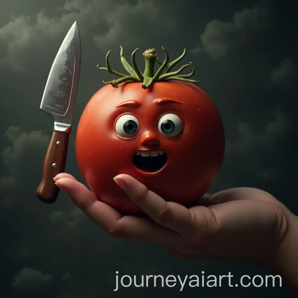 Cinematic-Tomato-Character-with-Knife-Against-Dark-Cloud-Background