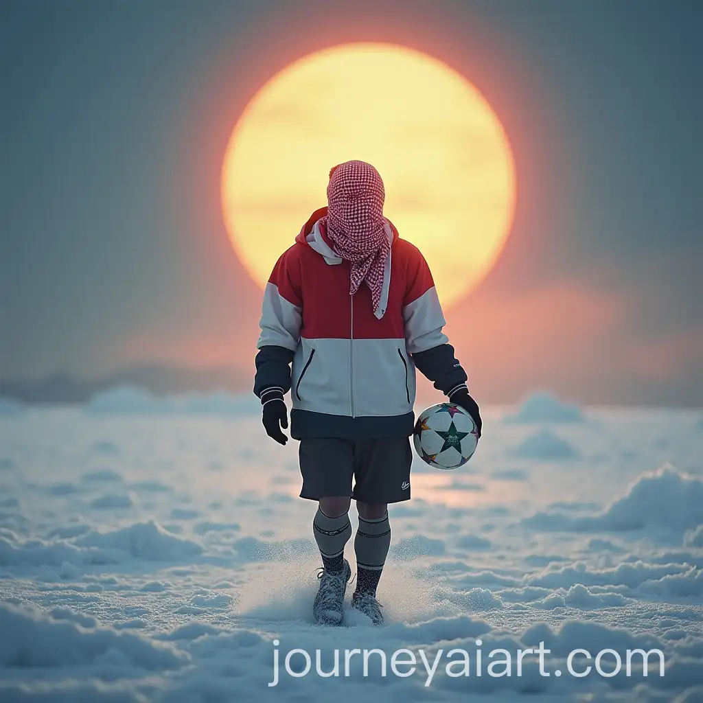 Lionel-Messi-Walking-on-Ice-with-a-Soccer-Ball-and-Syrian-Keffiyeh-Under-the-Hot-Sun