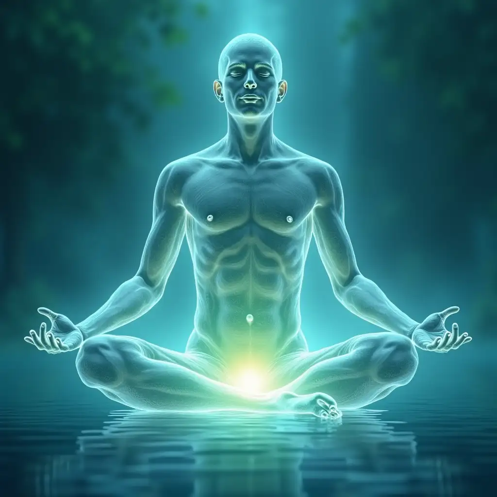 Create an image that visually represents the holistic benefits of healing energy, incorporating the following key elements:
	1.	Stress Relief and Deep Relaxation: Depict a tranquil scene where energy flows gently around the energy body of a male mixed race figure lightly dressed, represented as soft, glowing waves of light in calming hues of blue and green. The figure’s posture should exude serenity, with closed eyes and an aura of calmness, symbolizing relief from stress and the embrace of deep relaxation.

The overall composition should harmoniously blend these elements, creating an inspiring visual that embodies the transformative power of healing energy for body, mind, and spirit.
