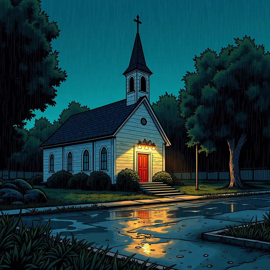 Out side of a Christian Church in the middle of the hood in Atlanta on a rainy night comic book style