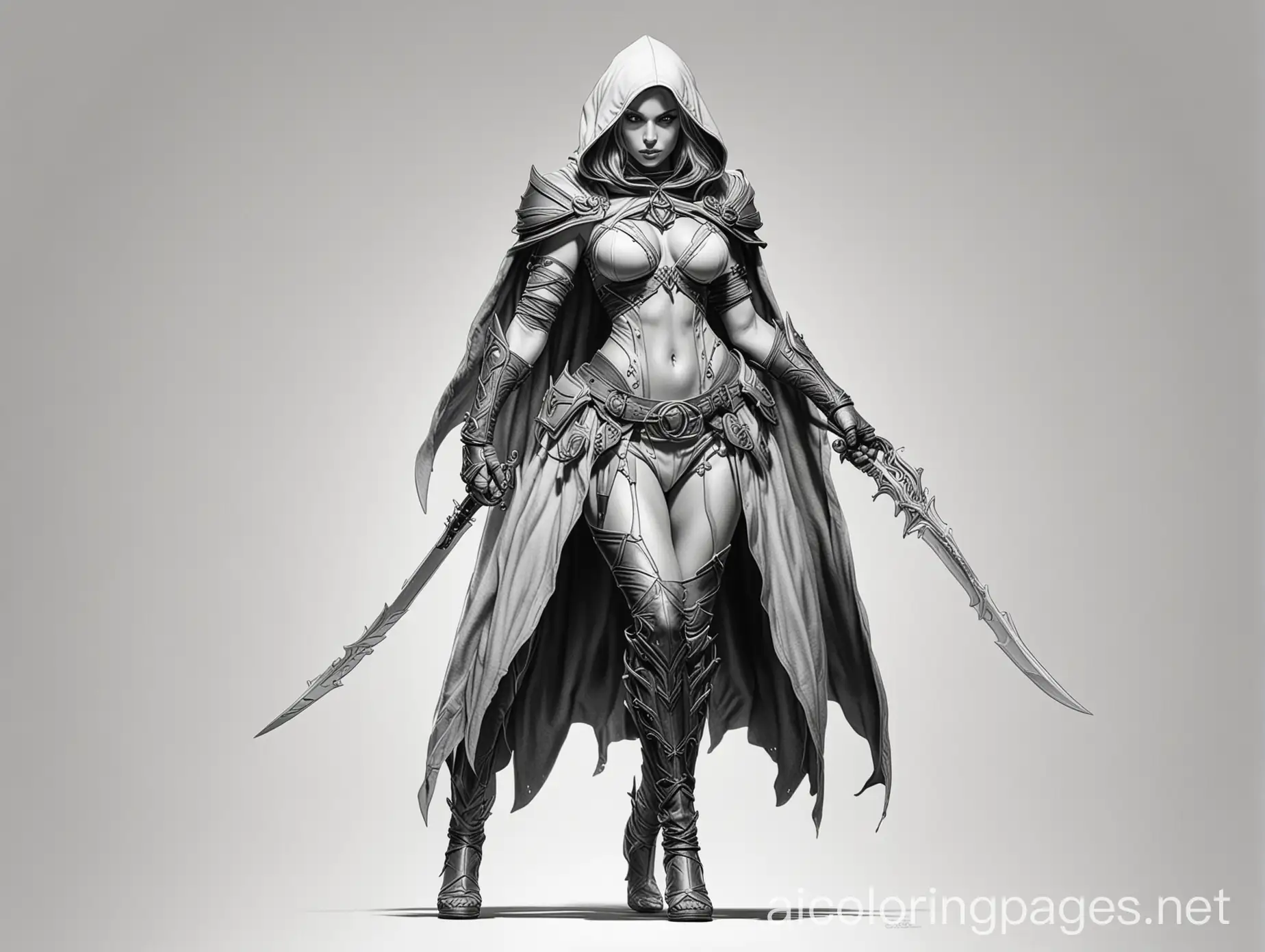 line art, black on white, full body shot, big breasted naked female hooded assassin dark elf. , Coloring Page, black and white, line art, white background, Simplicity, Ample White Space. The background of the coloring page is plain white to make it easy for young children to color within the lines. The outlines of all the subjects are easy to distinguish, making it simple for kids to color without too much difficulty