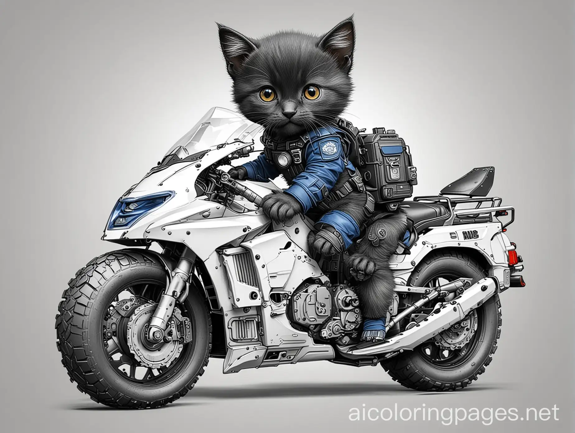 Black-Kitten-in-Dark-Blue-Mech-Gear-Riding-Police-Cruiser-Coloring-Page