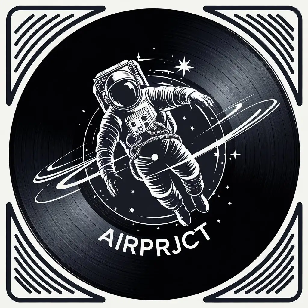 LOGO Design for AiRPRJCT Astronaut Floating in Space with Cosmic Elements on Vinyl Record