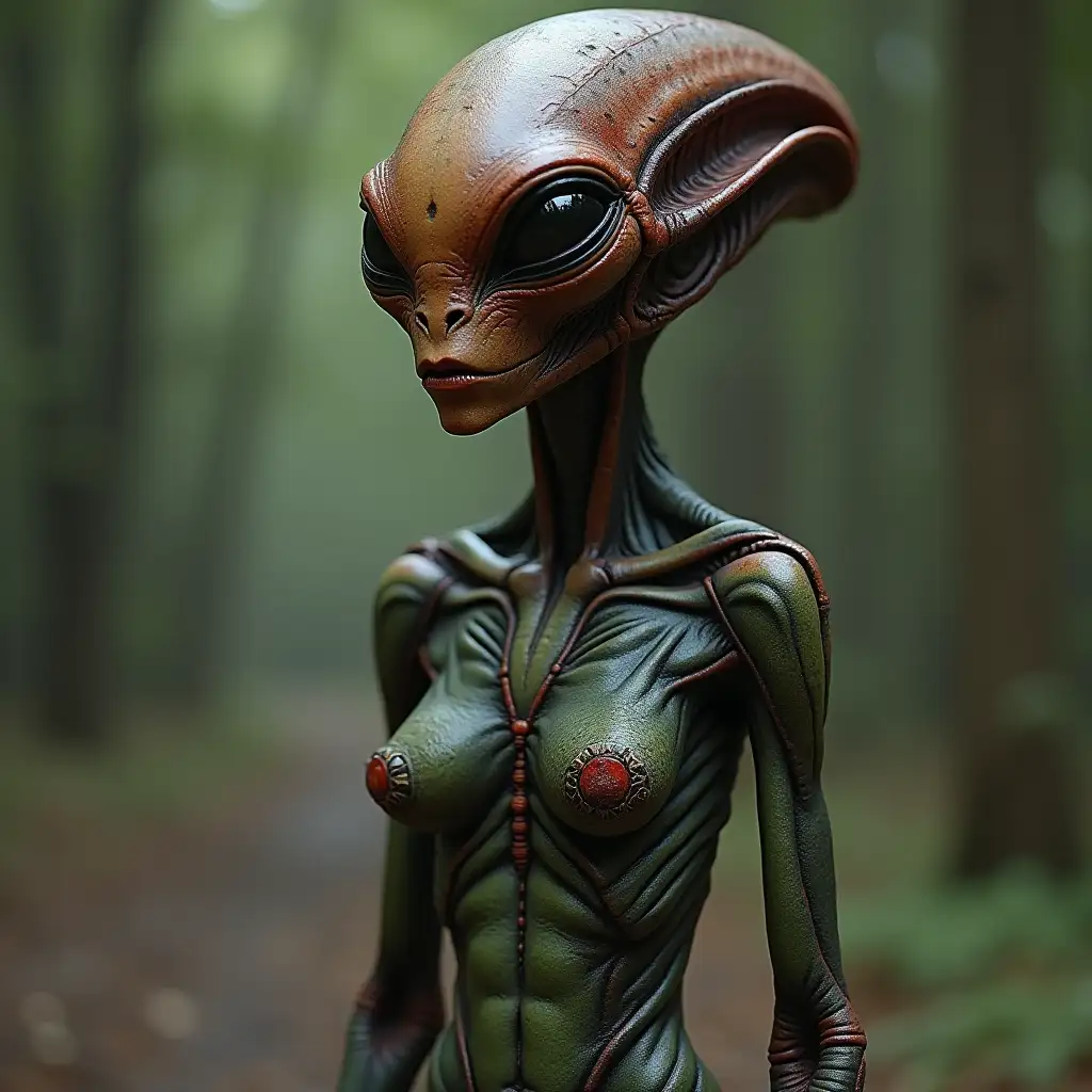 Alien female red,black,green skin with wise stripes hairy grey legs