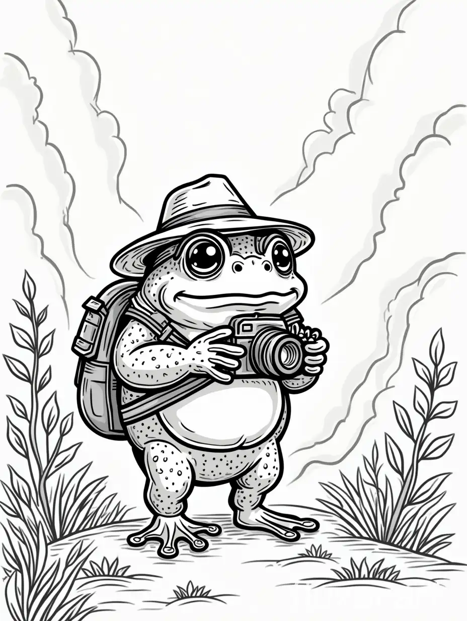 //imagine a vertical cartoon coloring book with a picture of a frog traveler with a camera in China