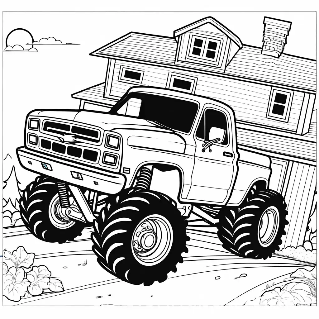 Cartoon-Monster-Truck-Coloring-Page-Monster-Truck-Running-Over-House