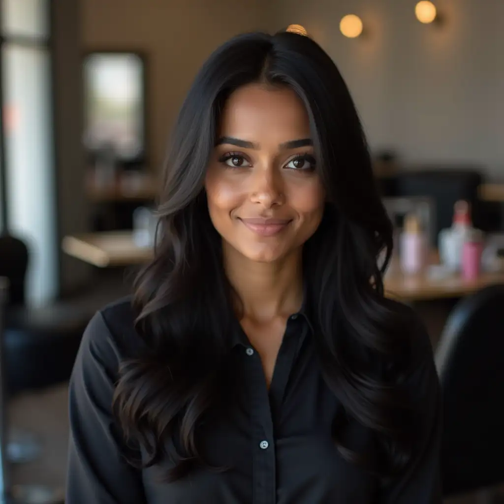 40YearOld-Indian-Female-Hairdresser-with-Long-Black-Hair-in-Modern-Salon