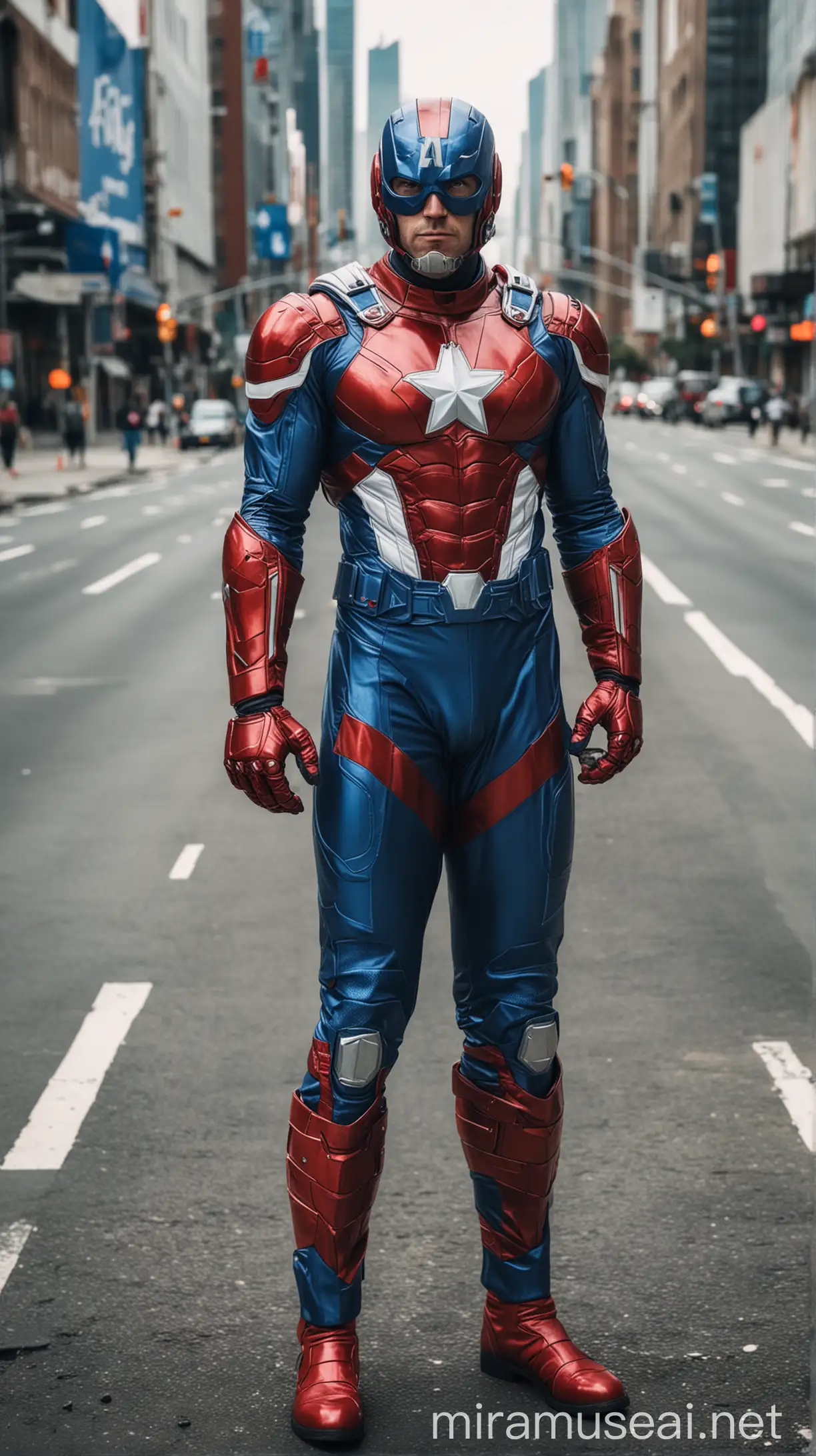 Superhero Man in City Roadway with Red White Blue Suit