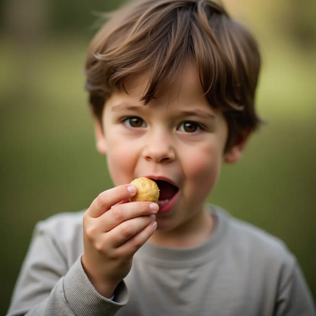 Boy Eating Nut in Autumn Park