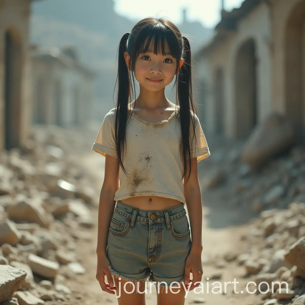 Young-Girl-Smiling-in-PostApocalyptic-Ruins-with-Pigtails-and-Casual-Summer-Clothes