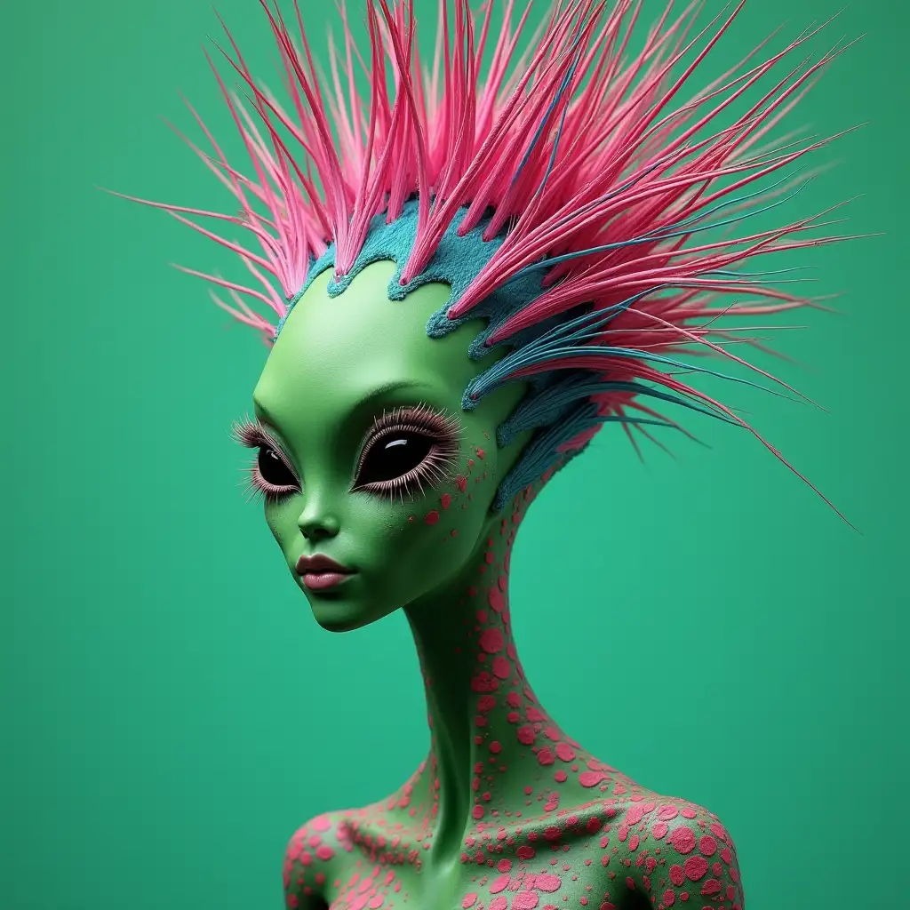 Alien woman green blue pink skin with wise spots legs hairy porcupine hair